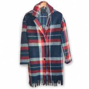Tahari Buffalo Plaid‎ Americana Red White and Blue Wool Coat Fringe